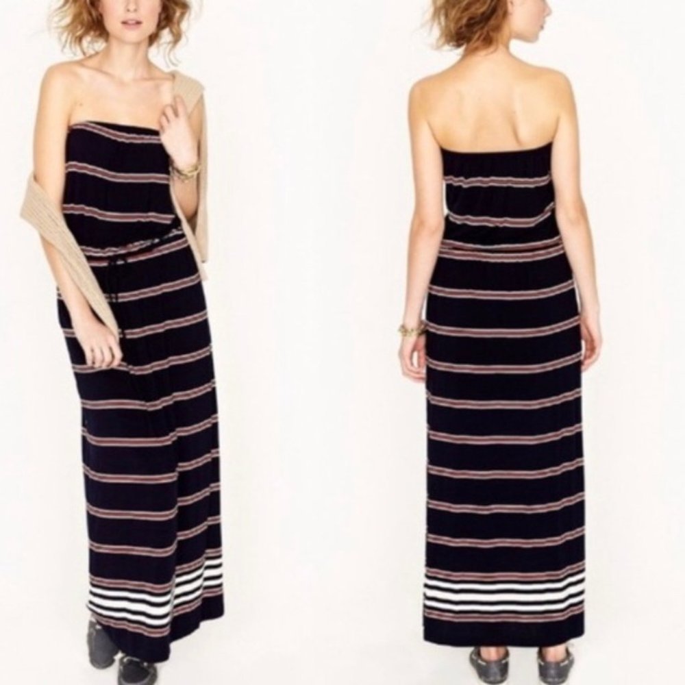 J. Crew Amie Navy Striped Summer Maxi Dress Strapless XXS